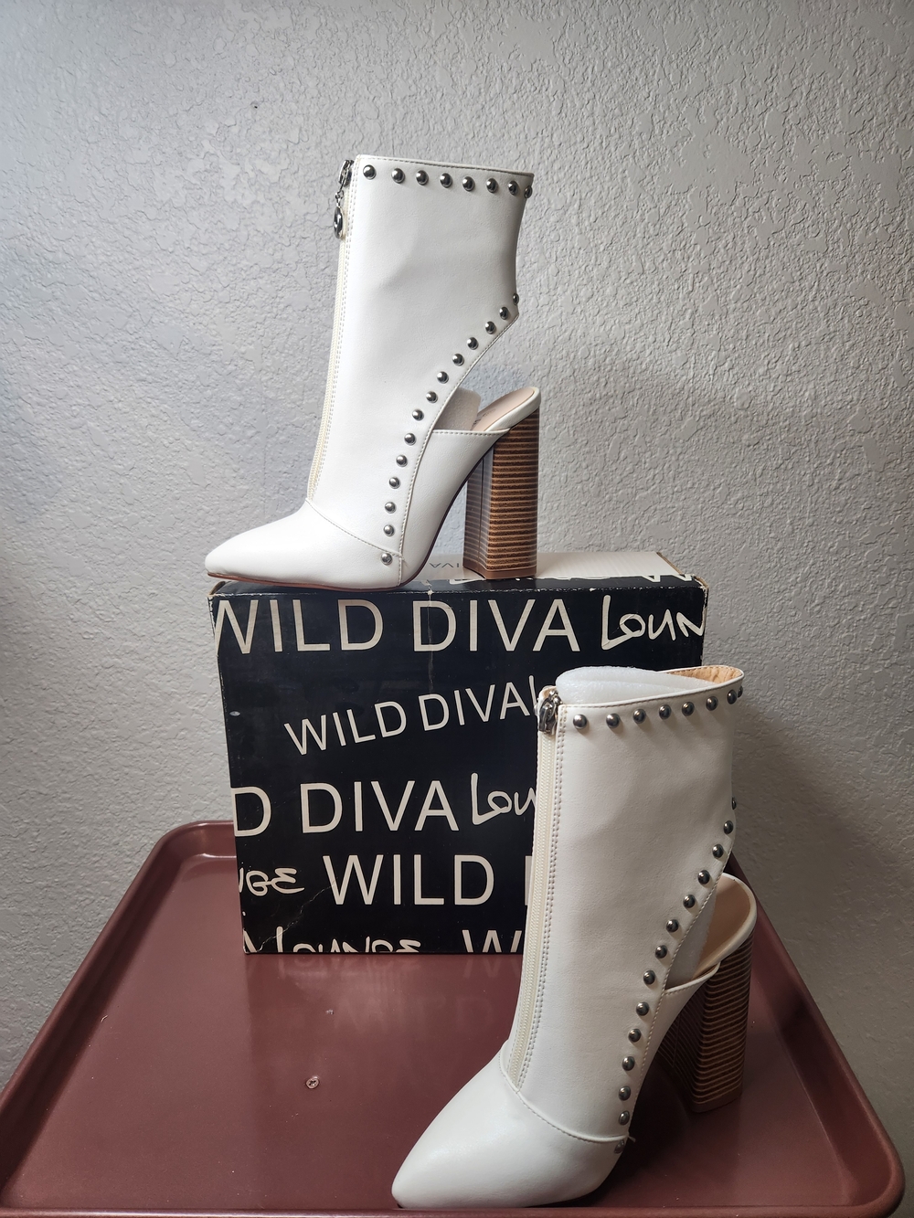 Wild Diva White Studded Cut-Out Block Heel Bootie